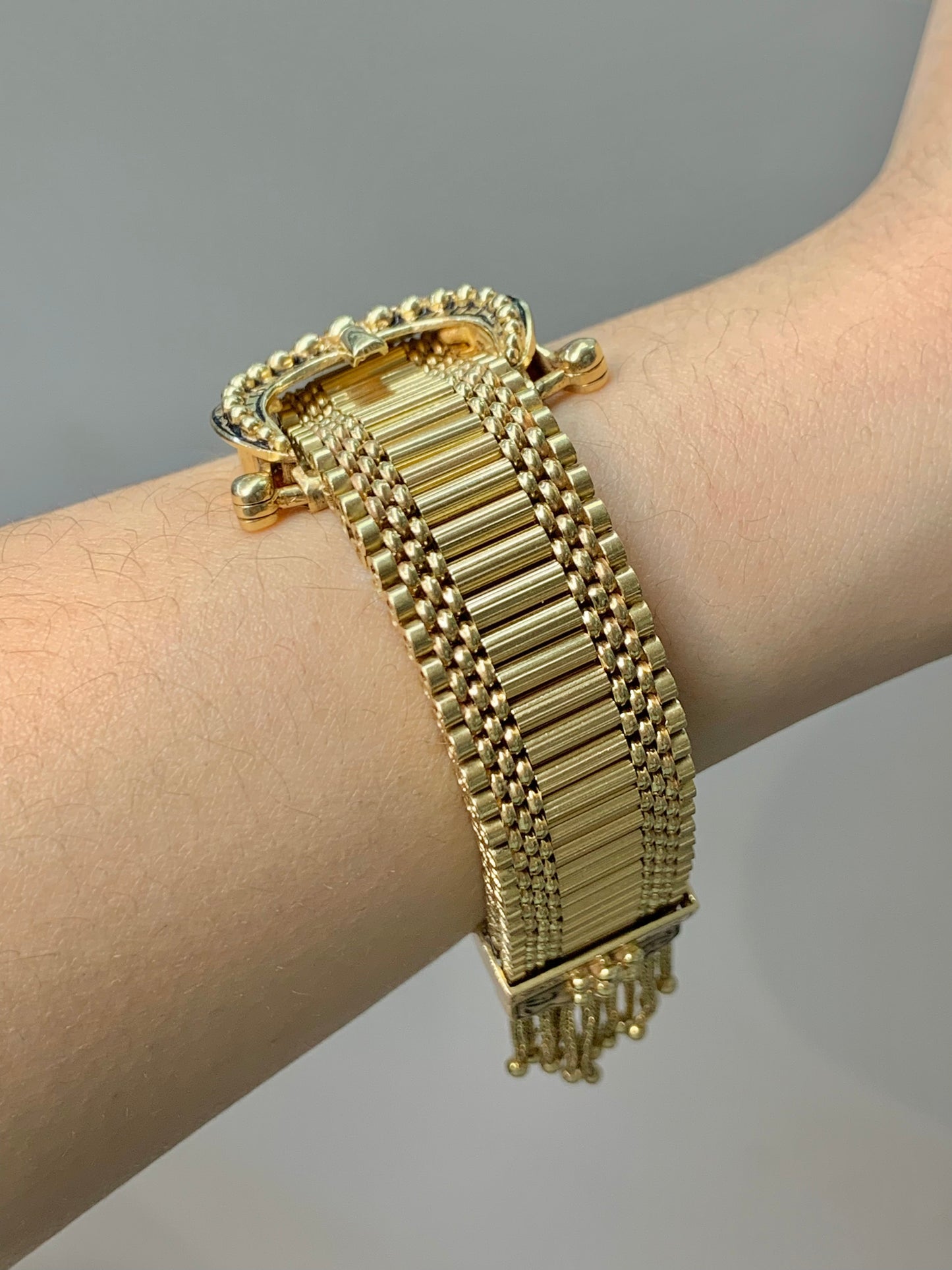 Victorian 14K Gold Enamel Adjustable Tassel Buckle Bracelet