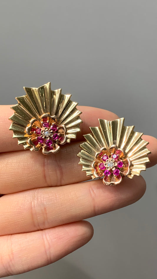 Retro 14K Gold Fan Shaped Ruby Diamond Earring