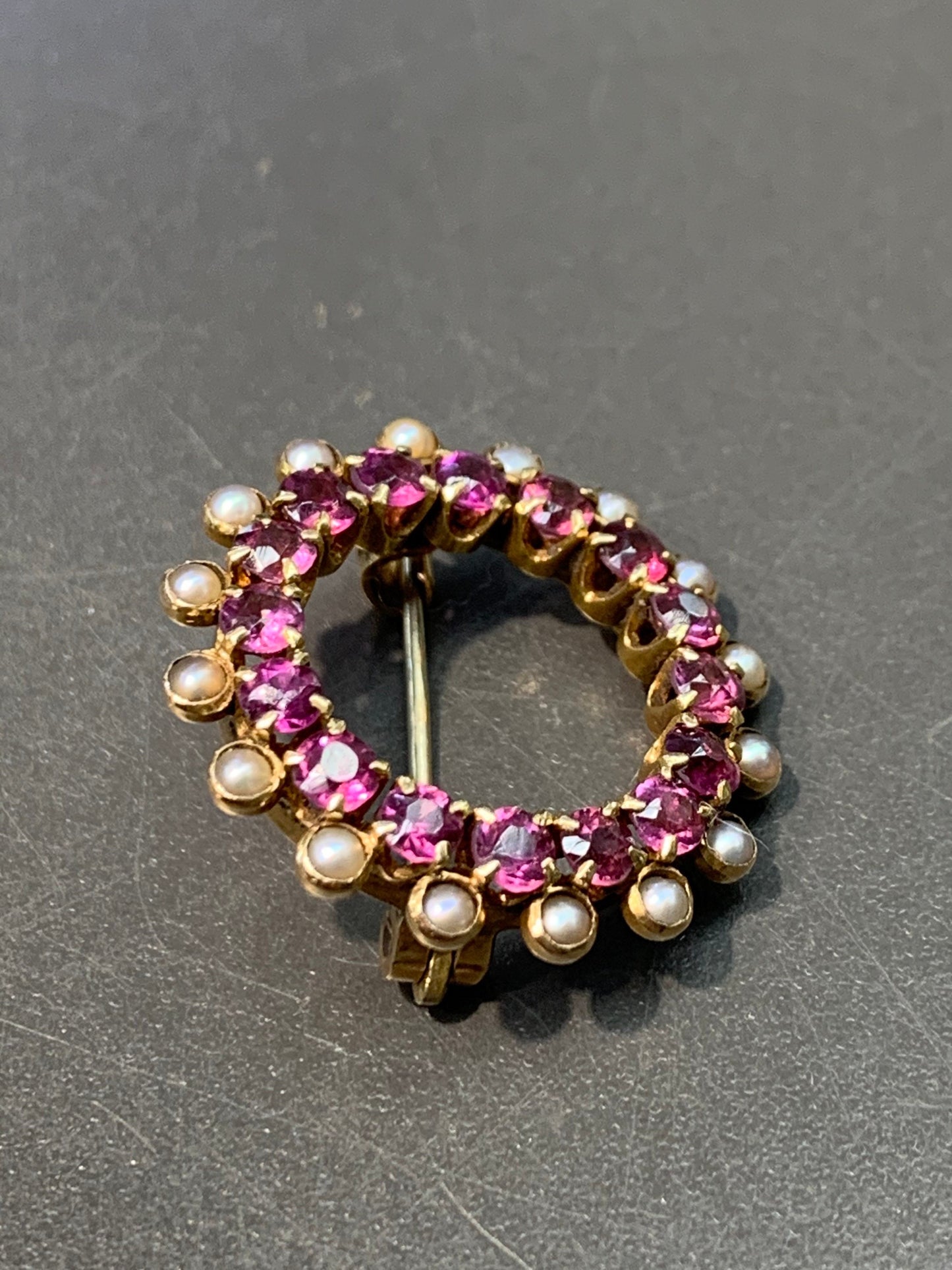 Victorian 14K Gold Open Circle Ruby and Pearl Brooch