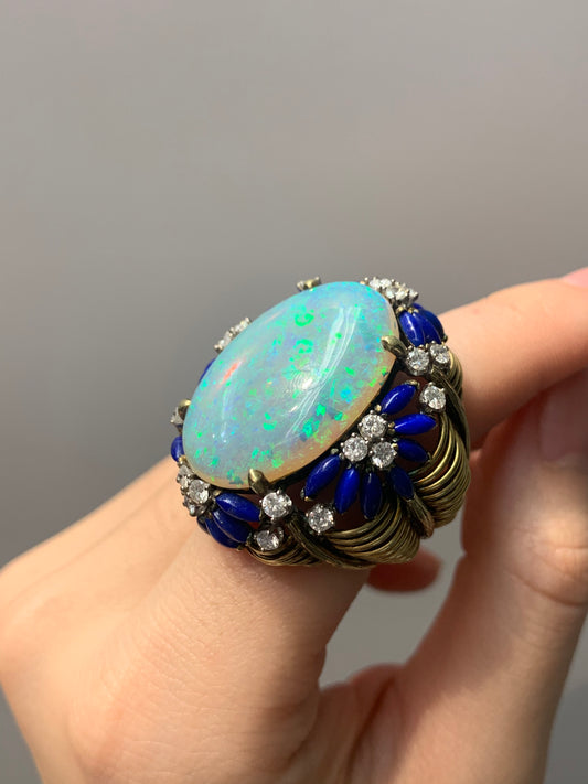 Retro 18K Yellow Gold Natural Australian Opal and Lapis and Diamond Ring