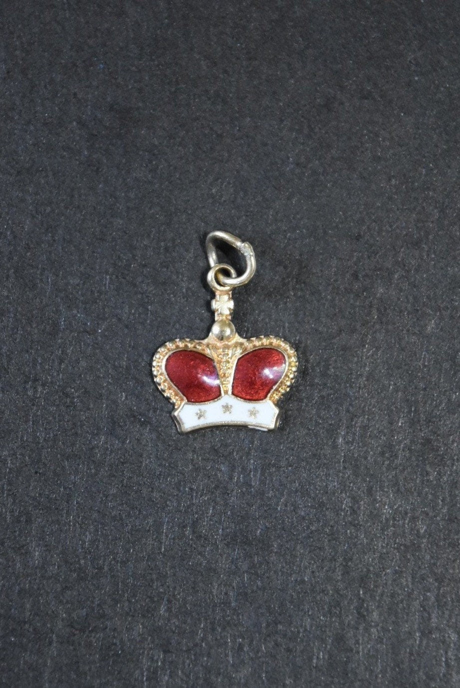 Vintage 14K Gold Red and White Enamel Crown Charm