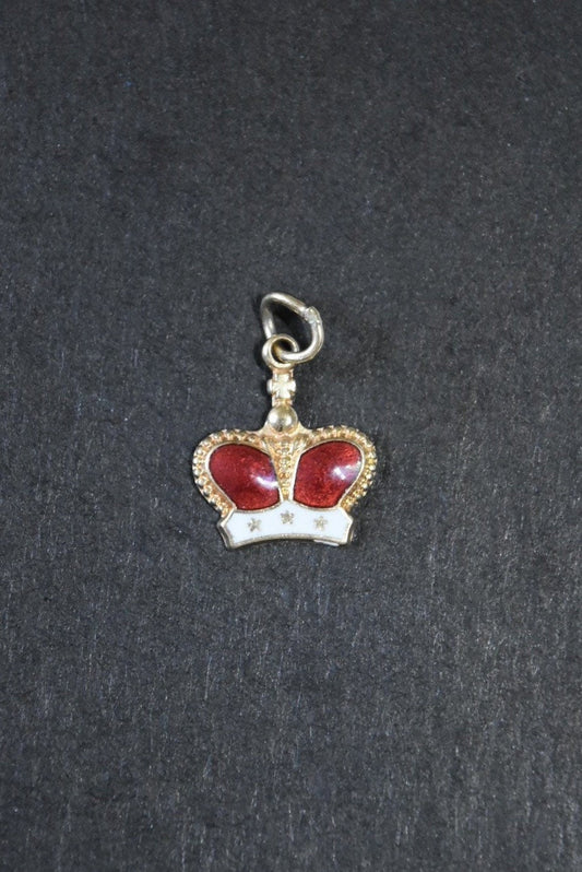 Vintage 14K Gold Red and White Enamel Crown Charm