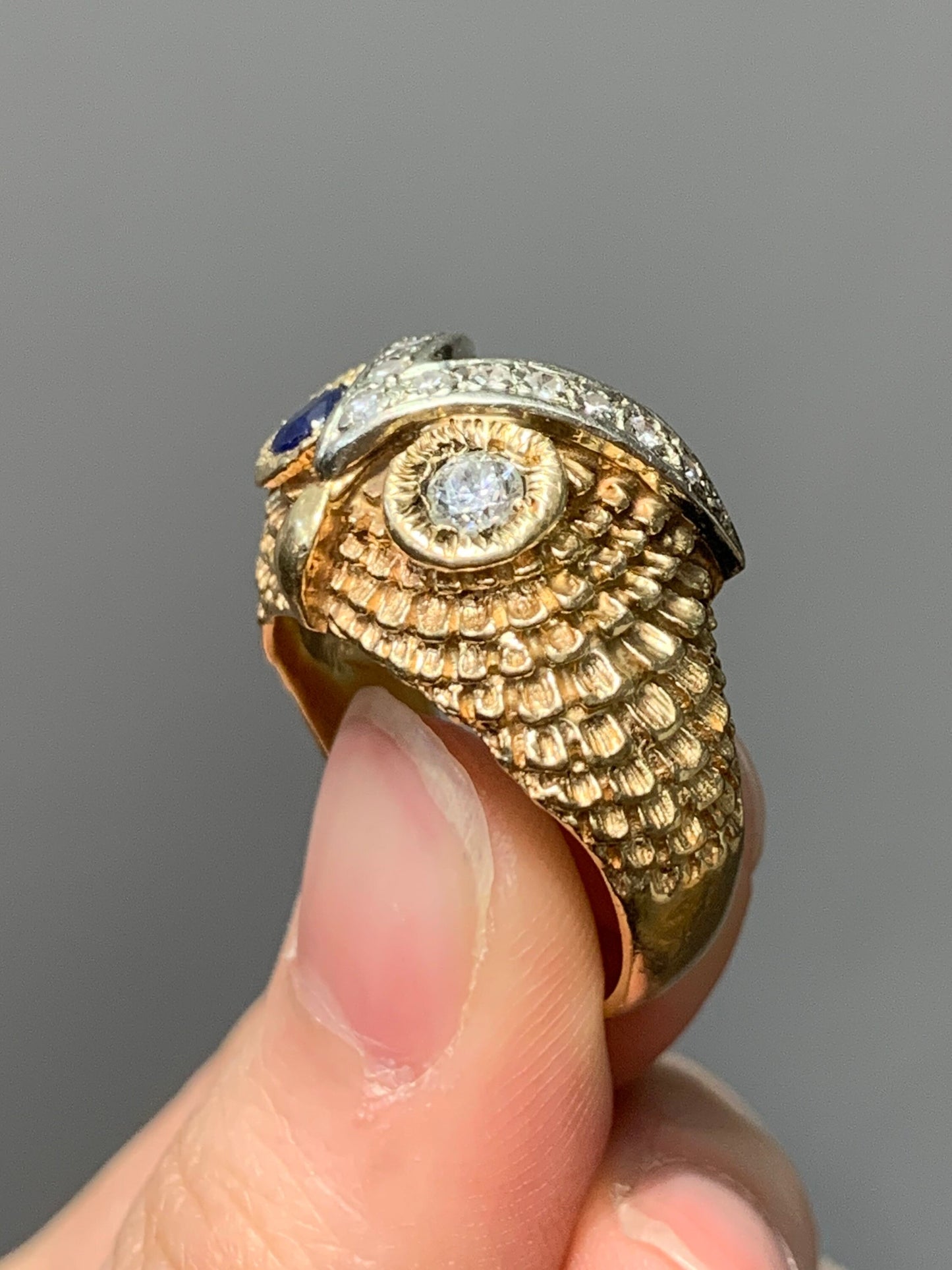 Bague hibou saphir diamant vintage en or 14 carats