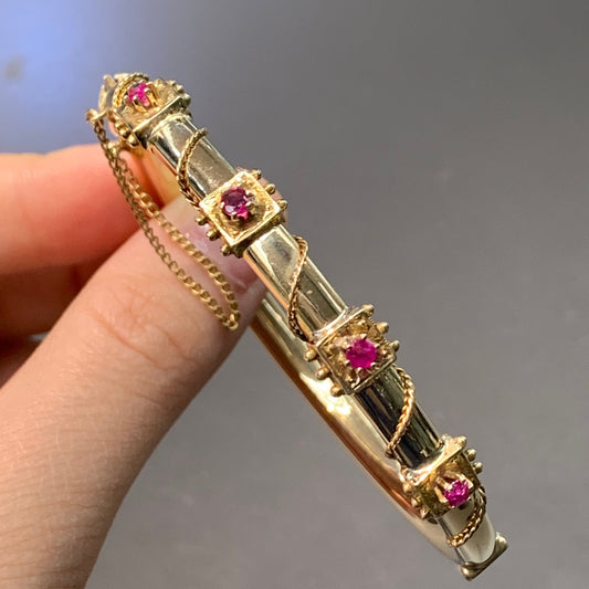 Victorian 14K Yellow Gold Ruby Bangle Bracelet