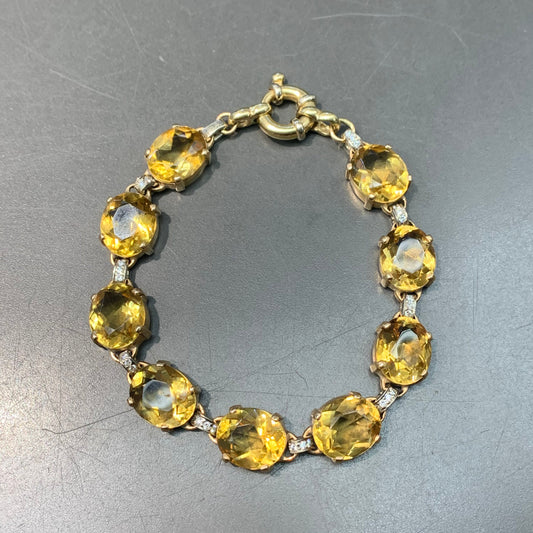 Vintage 14K Gold Yellow Citrine and Diamond Link Bracelet