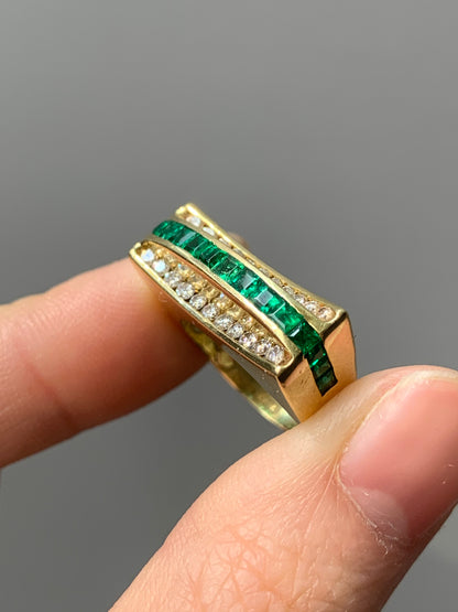 复古 18K 金绿宝石和钻石结构戒指，尺寸 6