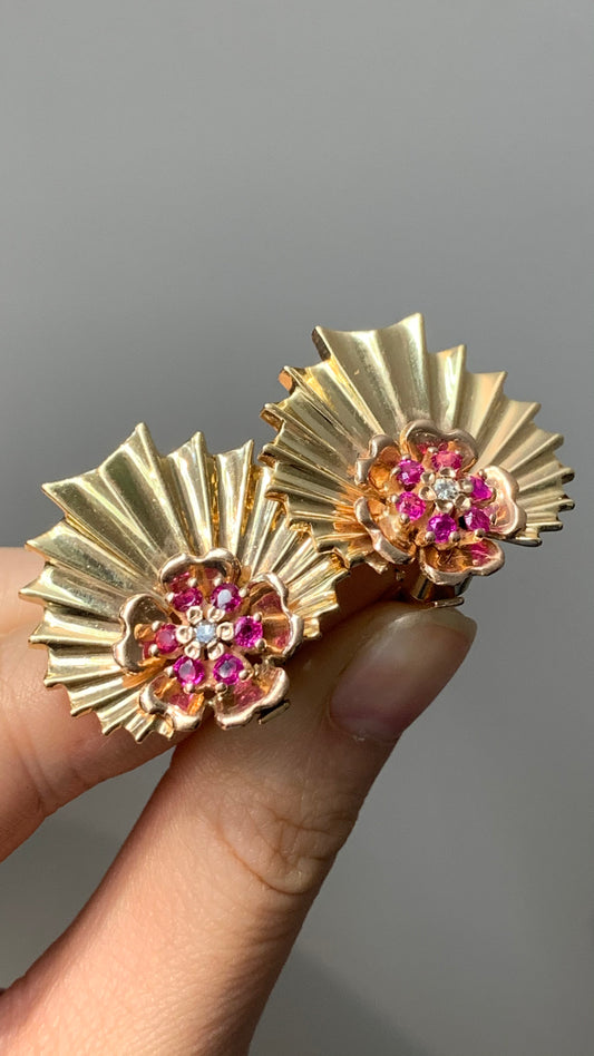 复古 14K 金扇形红宝石钻石耳环