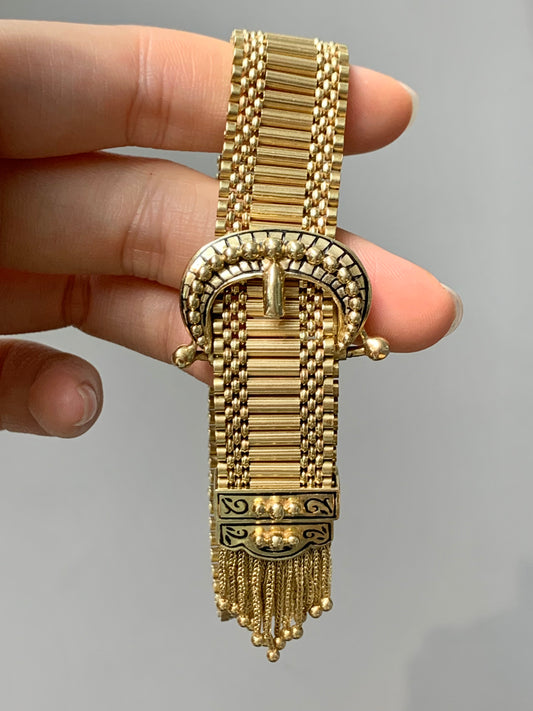 Victorian 14K Gold Enamel Adjustable Tassel Buckle Bracelet