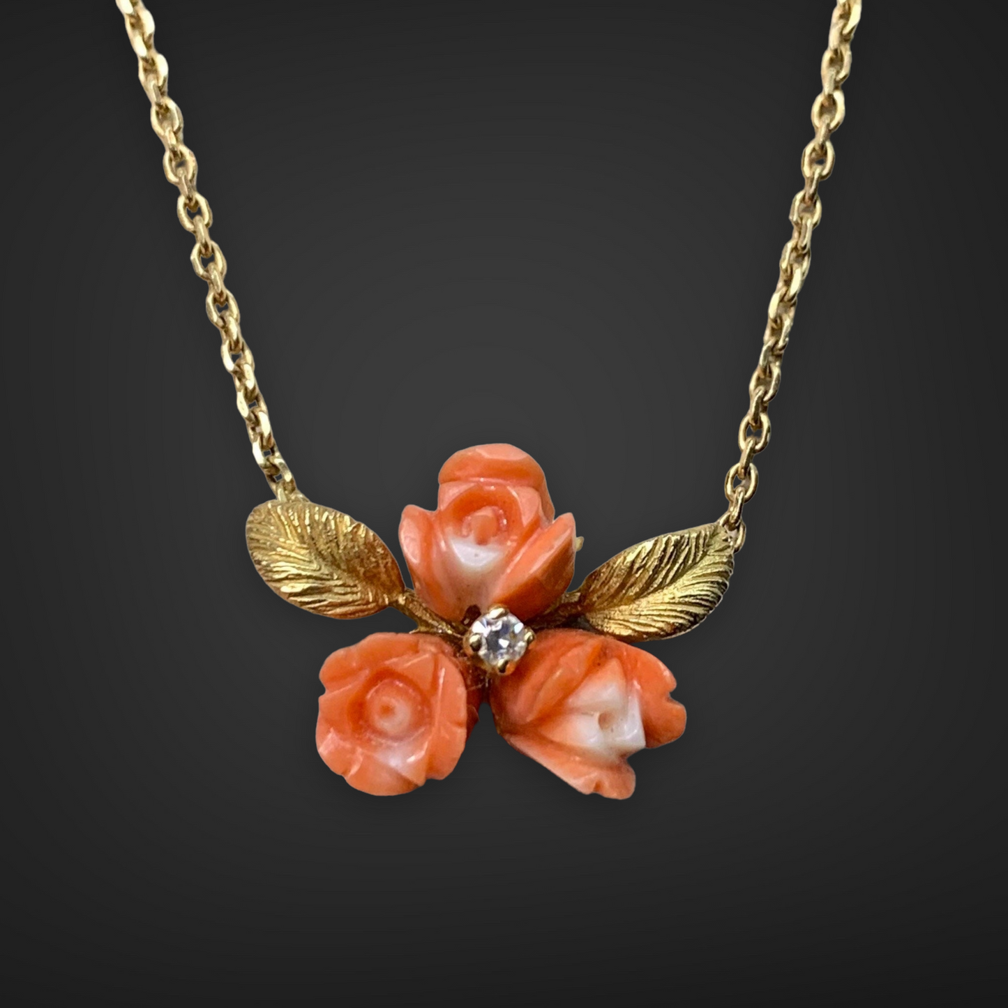 18K Gold Coral Carved Flower Diamond Pendant Necklace