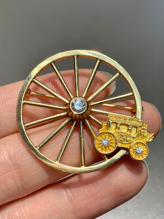 复古 14K 金蒂芙尼 Stage-Wheel Coach 钻石胸针