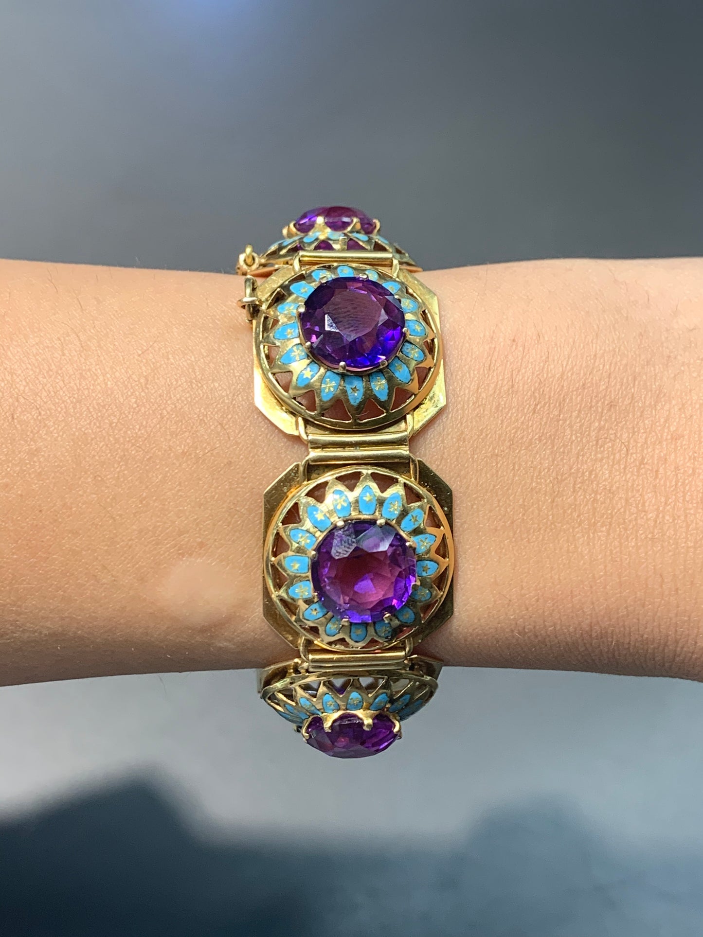 Victorian 18K Gold Enamel Amethyst Hexagon Link Bracelet