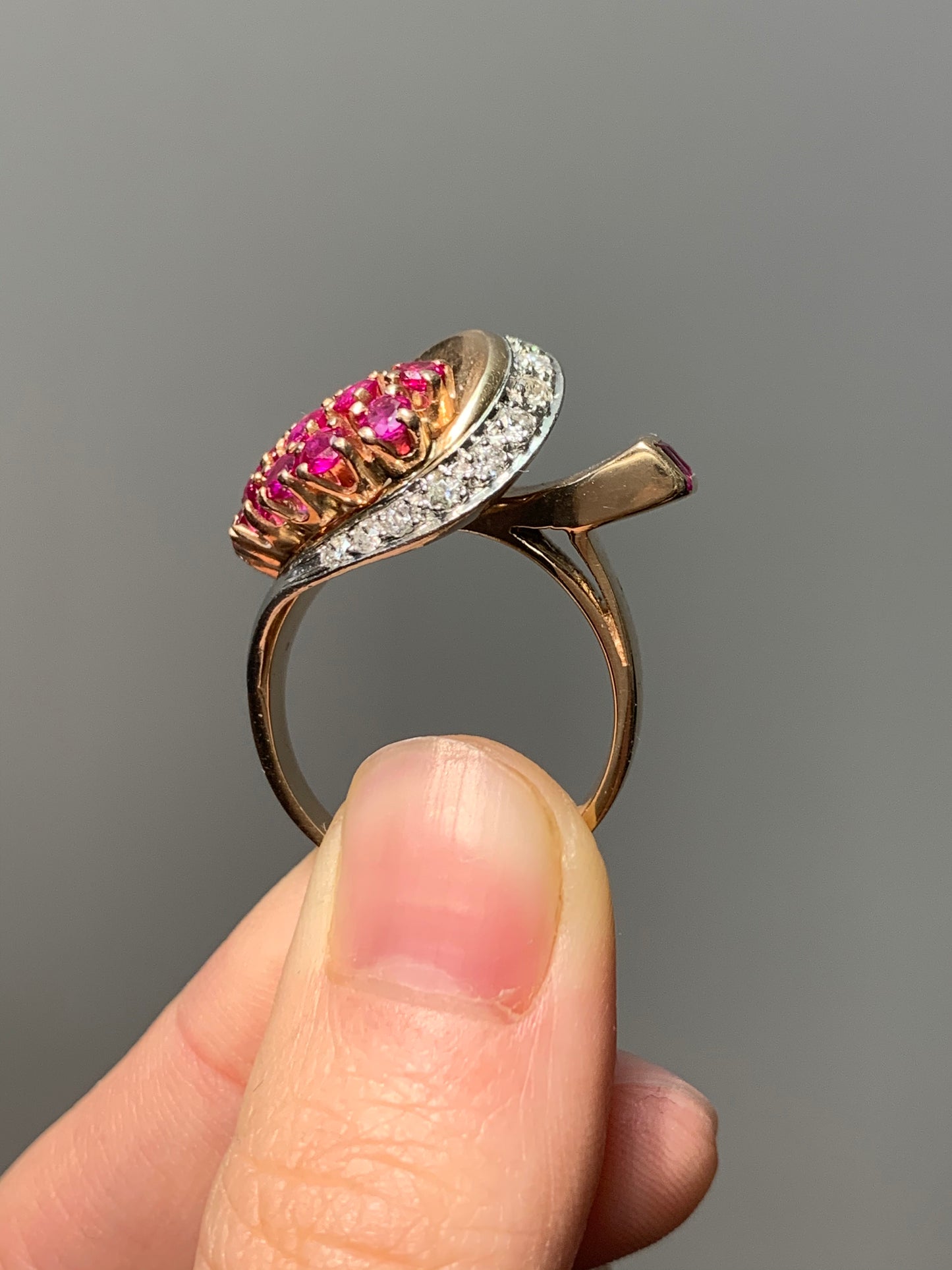 Retro 14K Ruby and Diamond Two Tone Knot Ring