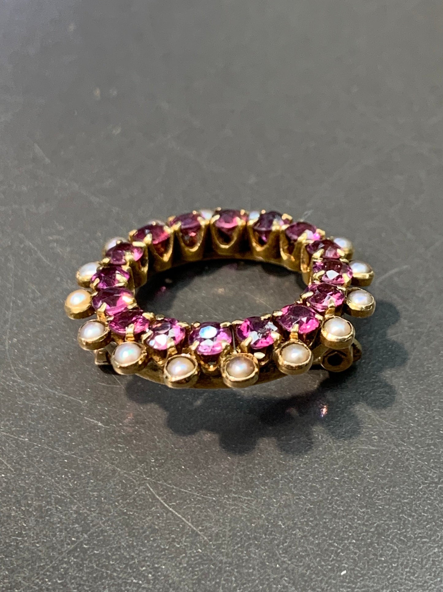 Victorian 14K Gold Open Circle Ruby and Pearl Brooch