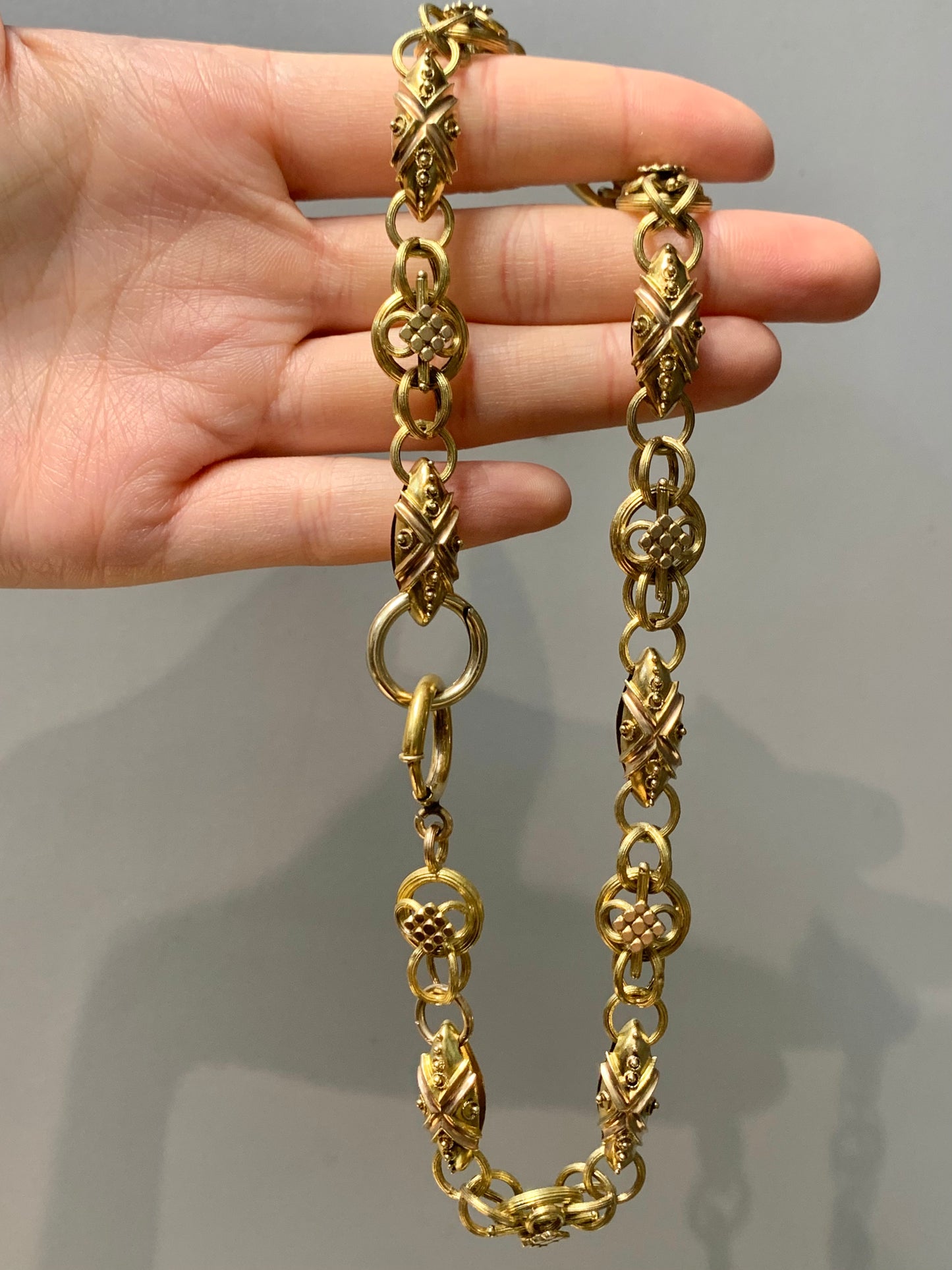 Victorian Etruscan 14K Gold Book Scroll Chain Necklace